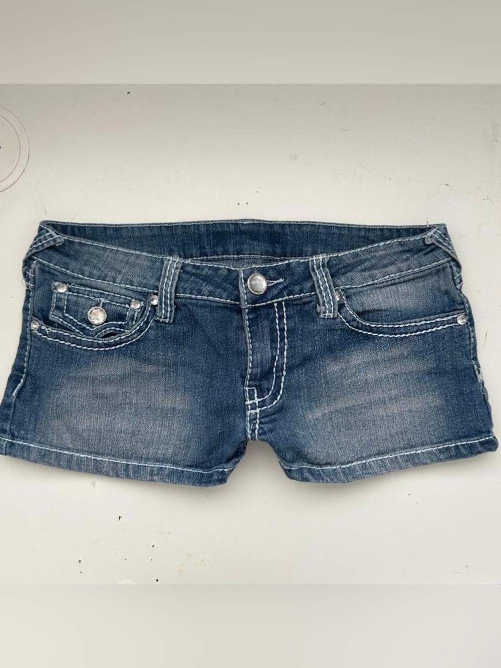 Y2K 2000s mcbling True Religion inspired low rise denim shorts with white stitch